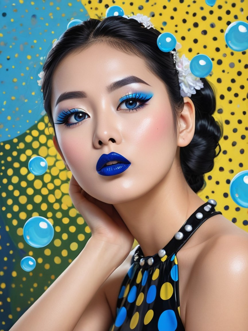Beauty Portrait with Bold Blue Makeup and Floral Accents