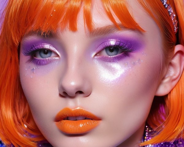 Portrait of a model with vibrant orange hair and makeup