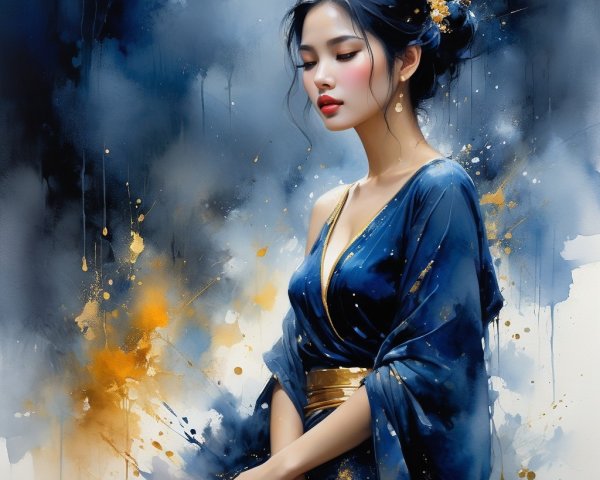 Serene Woman in Elegant Blue Dress with Gold Accents