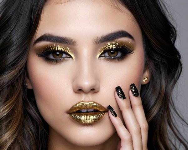 Gold-Themed Makeup Look with Dramatic Eyes and Waves