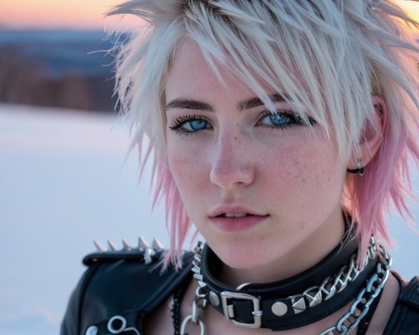 Close-Up of Young Person in Leather Jacket in Snow