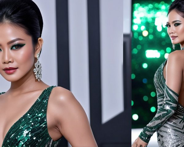 Elegant woman in shimmering green gown with sequins