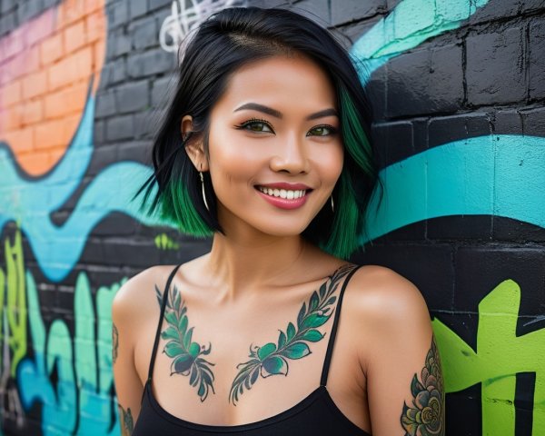 Young woman with black bob and vibrant green tips