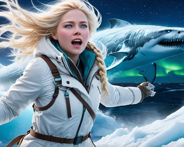 Woman in White Coat on Icy Terrain with Shark and Auroras
