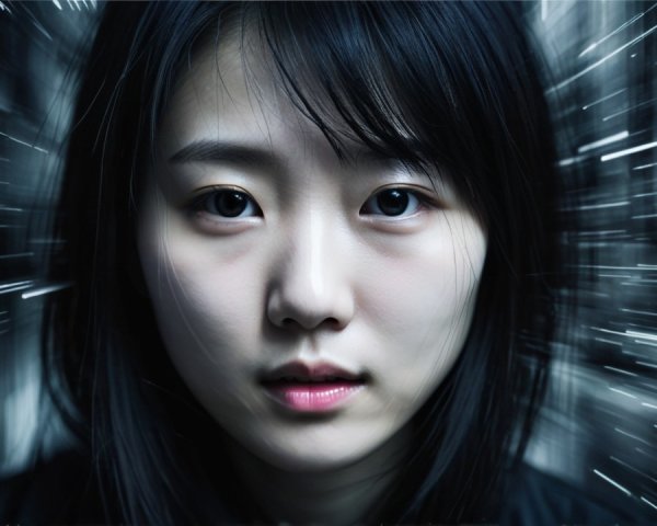 Close-Up Portrait of a Young Woman with Motion Background