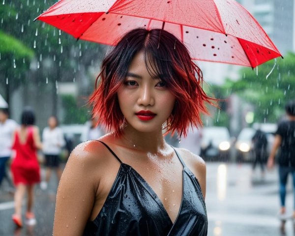 Young Woman with Red Umbrella in Rainy City Scene