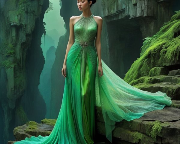 Woman in Enchanting Green Dress in Mystical Landscape