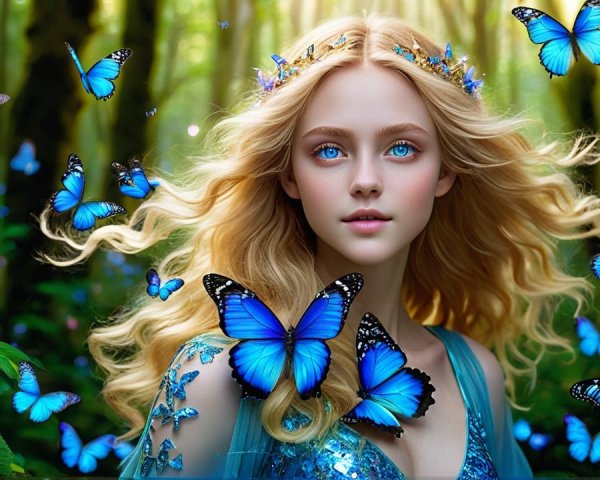 Young girl in magical forest with butterflies and sunlight