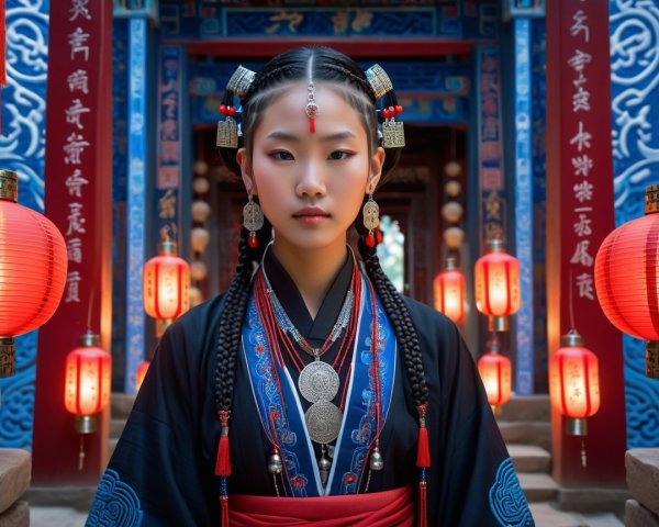 Young Woman in Traditional Attire with Lanterns and Architecture