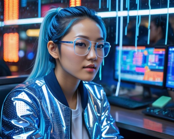 Young woman with blue hair in a tech-filled setting