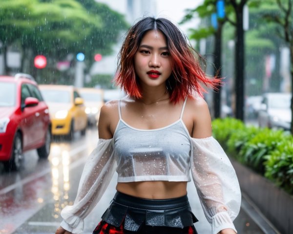 Young woman in sheer top on rainy city street