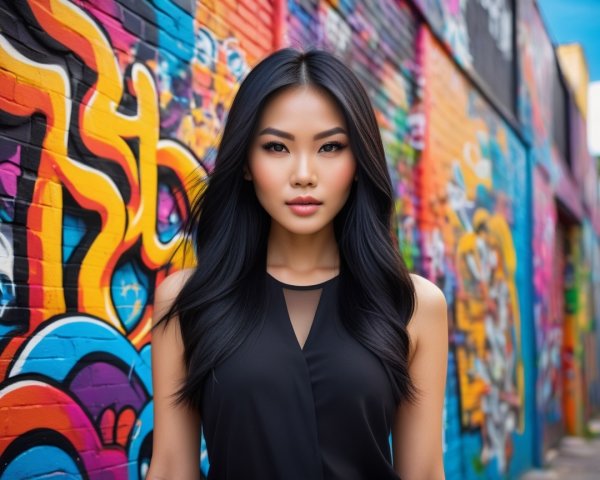 Confident Woman Posed Before Vibrant Graffiti Wall