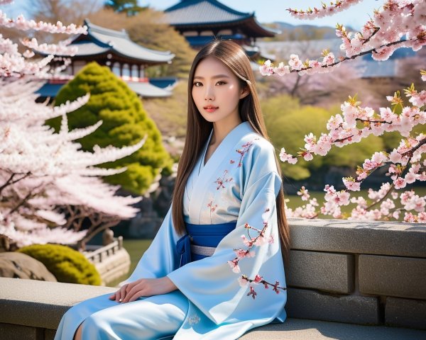 Young Woman in Blue Kimono Amid Cherry Blossoms