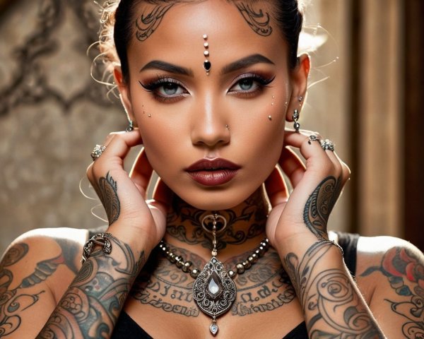 Portrait of a Woman with Tattoos and Bold Makeup