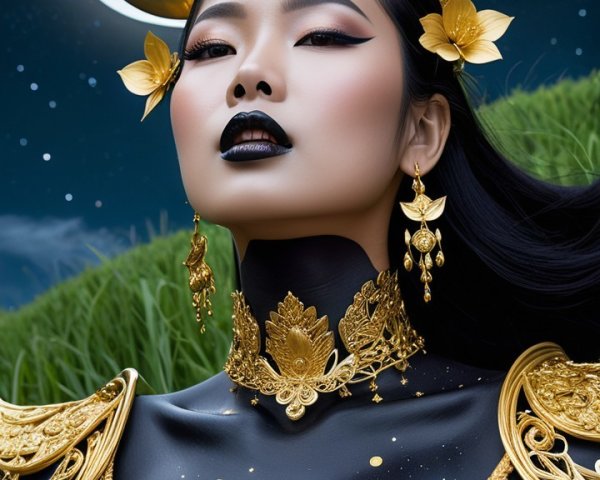 Regal figure in ornate outfit against starry night sky