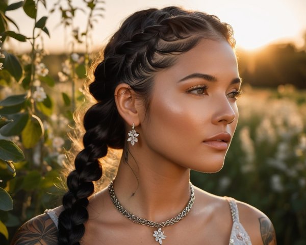 Young woman in sunlit field with floral accessories