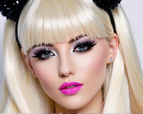 Portrait of a woman with platinum blonde hair and glam makeup