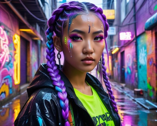 Young woman with purple braids in urban alley setting