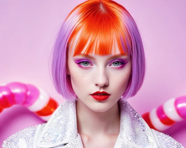 Vibrant Bob Hairstyle with Bold Makeup and Whimsical Background