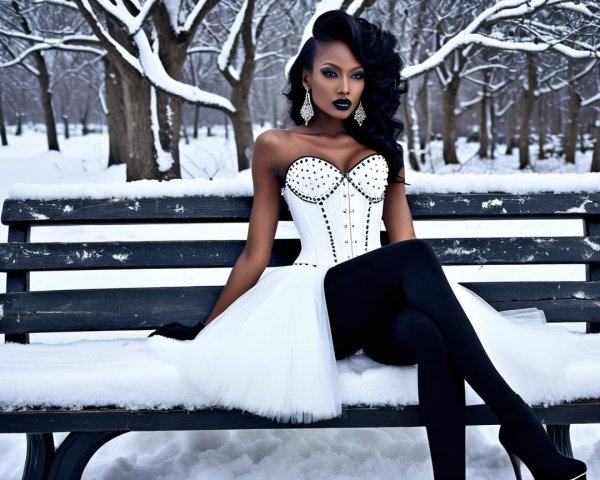 Elegant Woman in Strapless Gown in Snowy Landscape