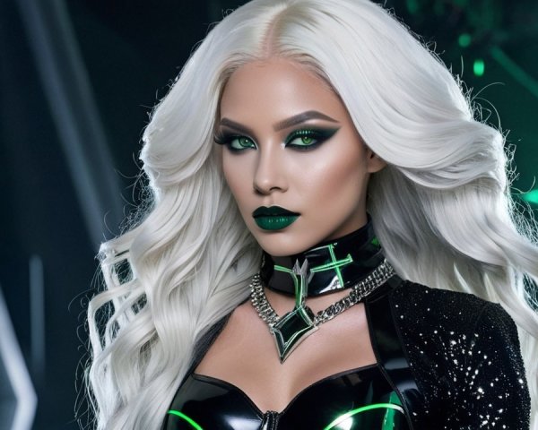 Striking figure with platinum hair and bold makeup