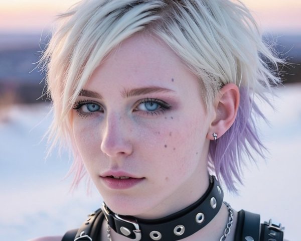 Young person with platinum blonde hair in snowy landscape