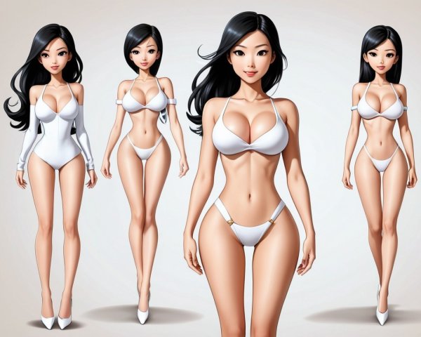 Animated Character in Four Poses Wearing White Swimwear