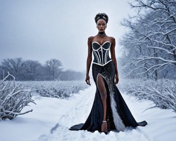Elegant Black Gown in a Snowy Winter Landscape
