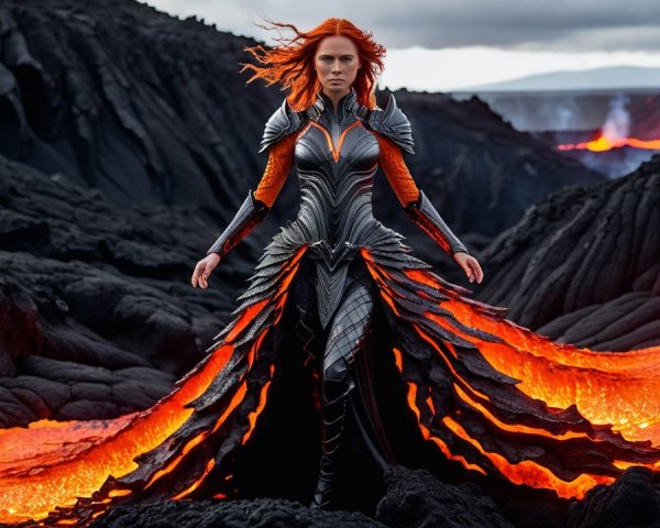 Powerful figure in metallic armor on volcanic landscape