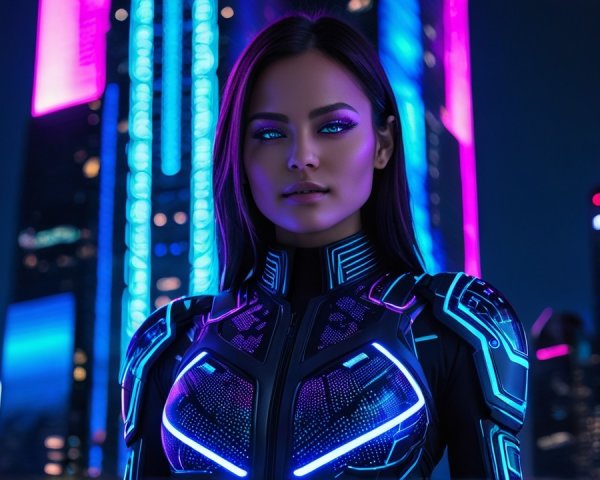 Futuristic Cityscape with Neon Lights and High-Tech Fashion