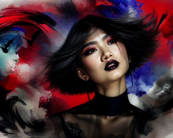 Portrait of a model with bold makeup and dynamic hair