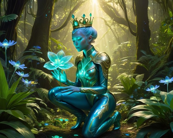 Regal figure in enchanted forest with luminous flower