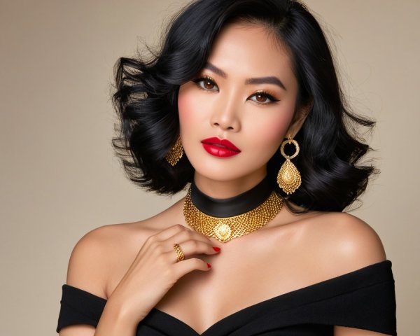 Glamorous woman in elegant black dress with jewelry
