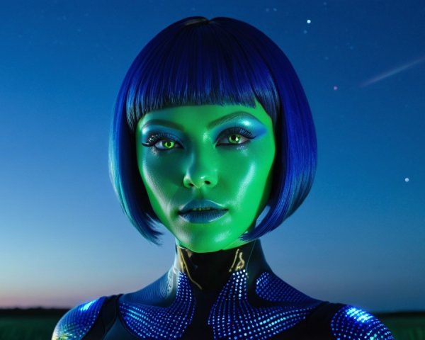 Futuristic Character with Green Skin and Blue Hair