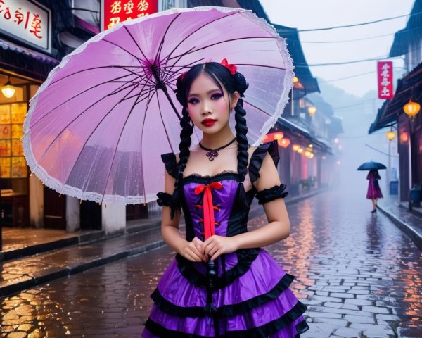 Young woman in purple dress on misty historic street