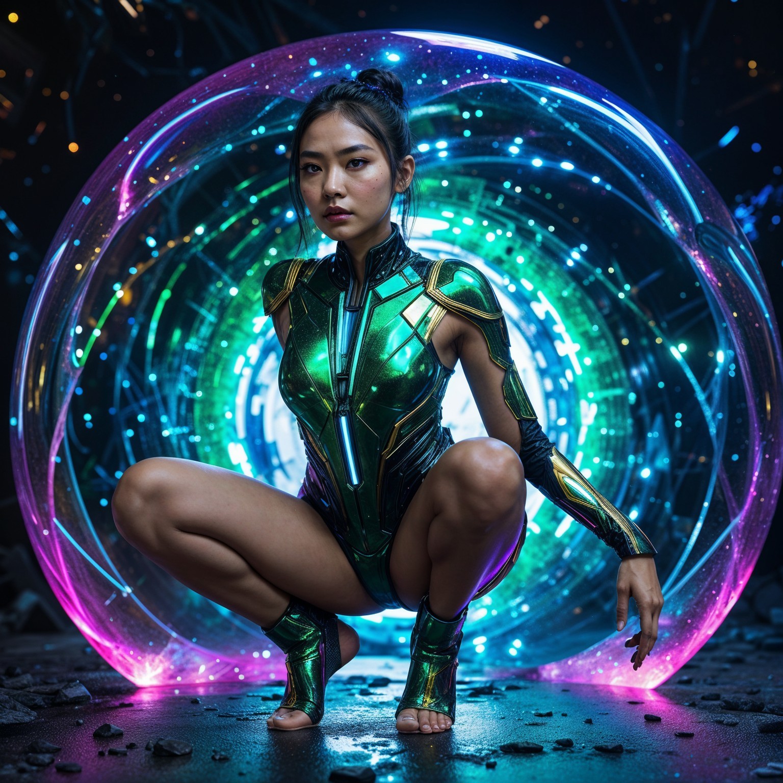 Futuristic figure in iridescent suit by energy portal