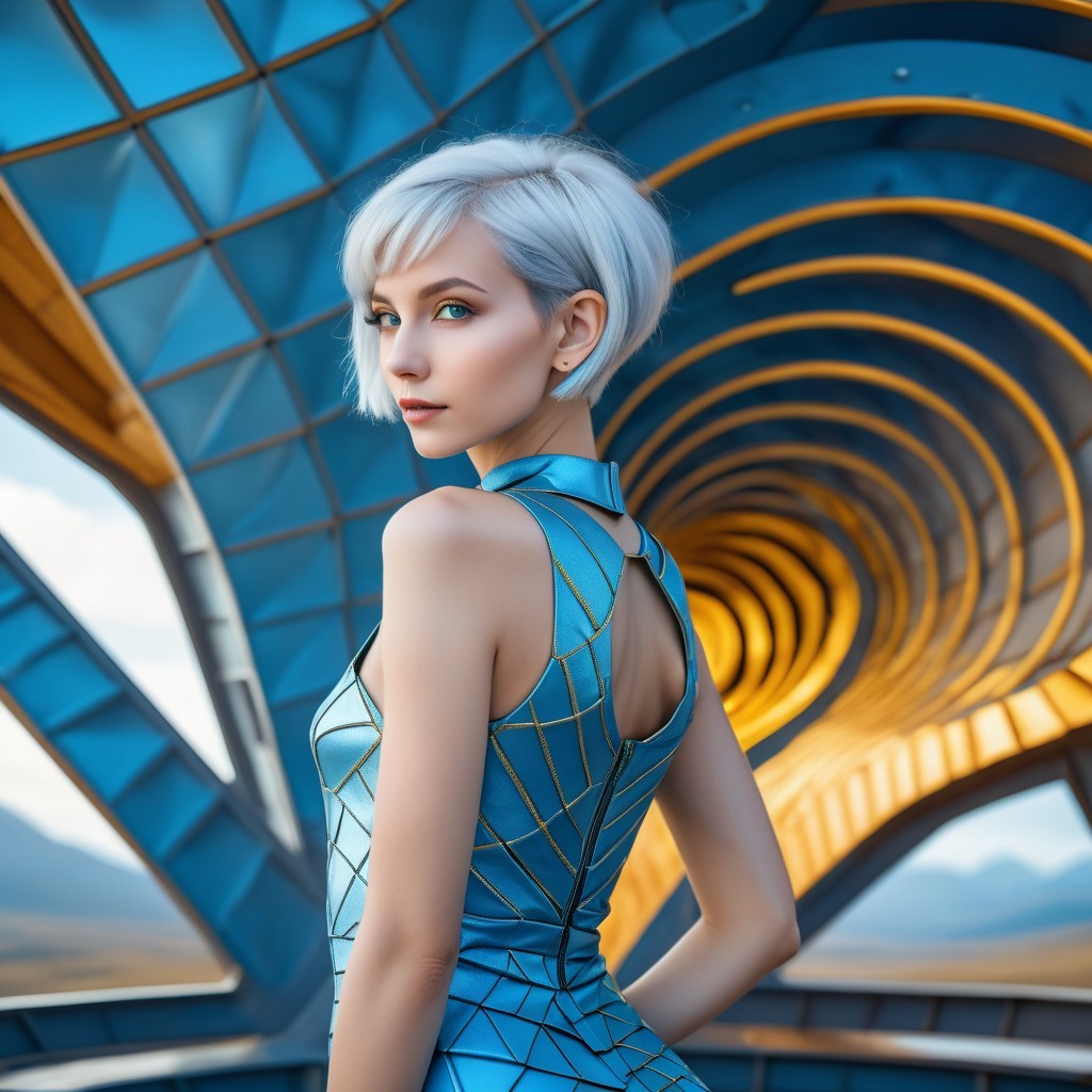 Platinum Blonde Model in Futuristic Setting and Outfit