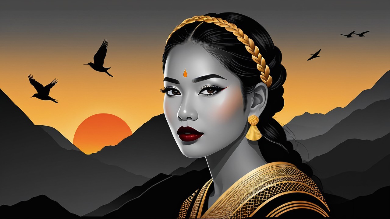 Illustration of a Woman with Braids and Sunset Background
