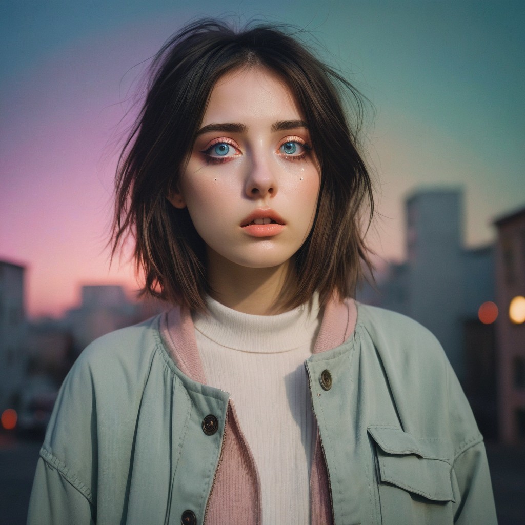 Young Woman Against Vibrant Sunset with Glittery Makeup