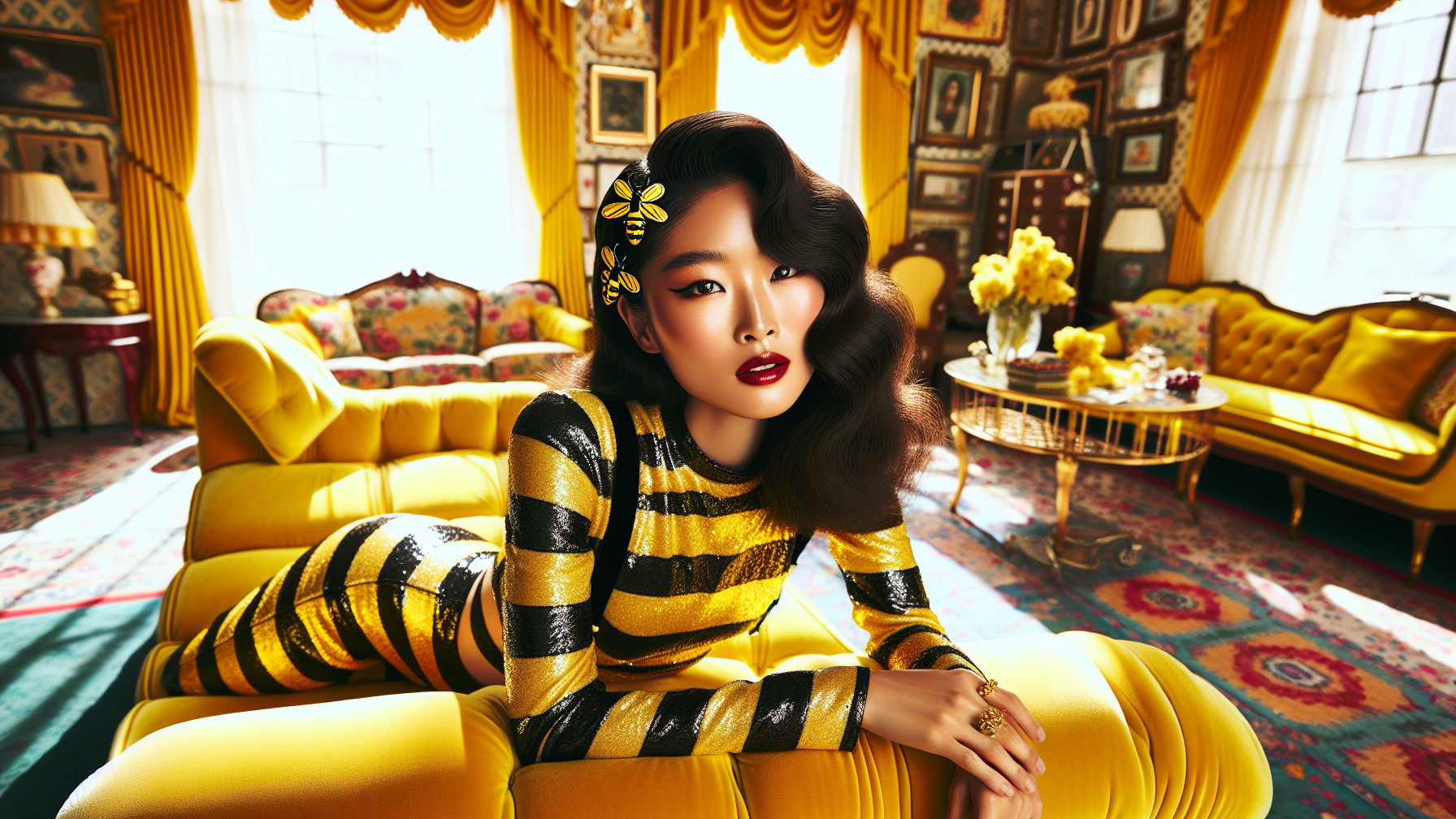 Model in Black and Gold Outfit on Yellow Chaise Lounge