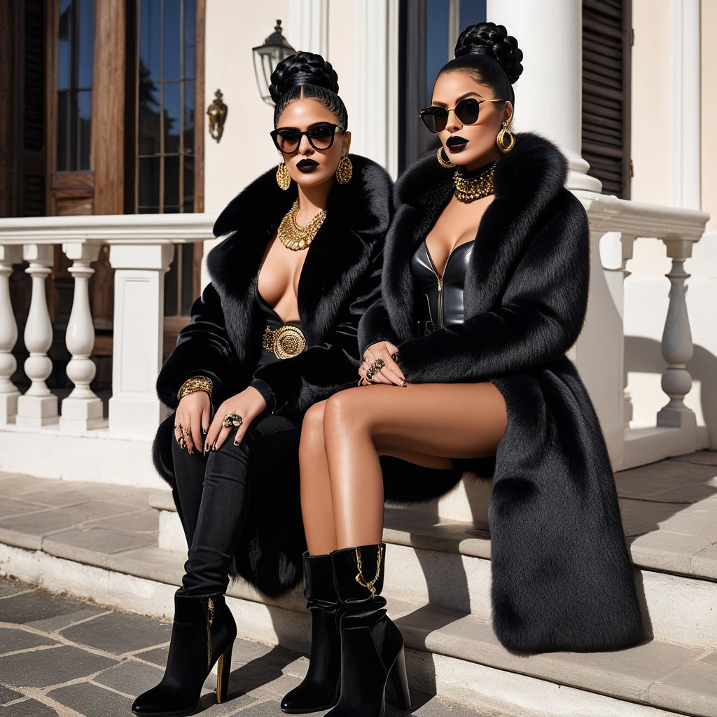 Stylish Women in Luxurious Attire on Grand Staircase