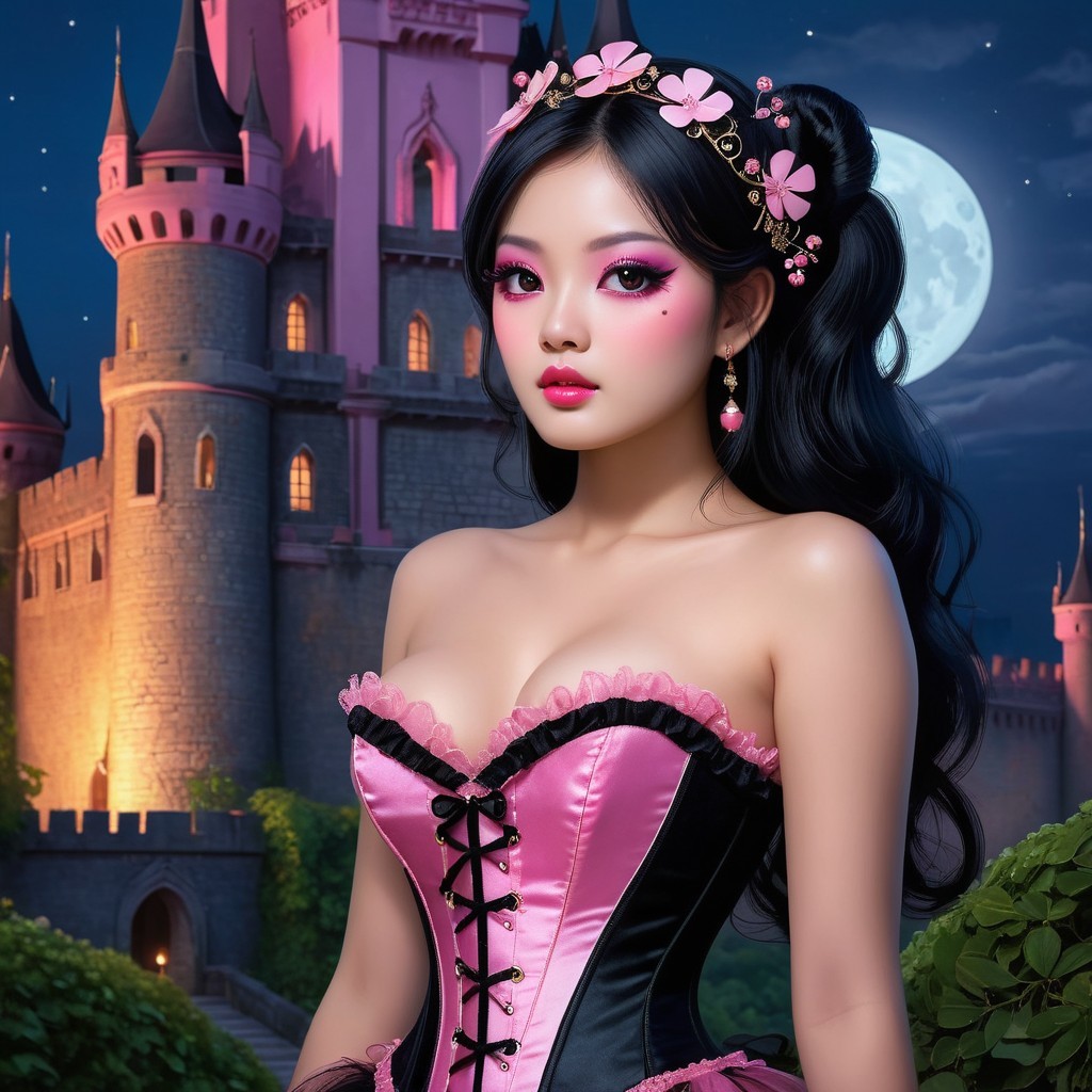 Elegant Woman in Corset by Castle Under Full Moon