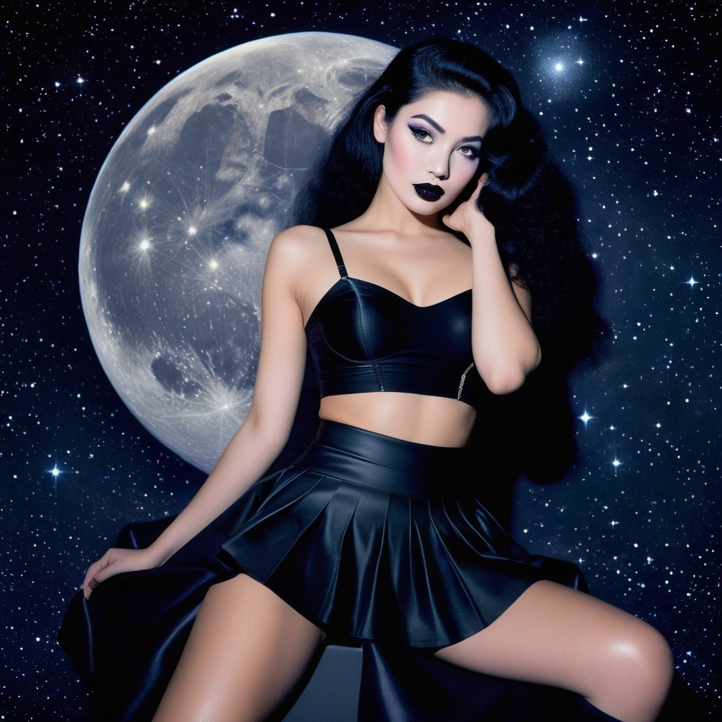 Model in Black Outfit Against Starry Night Sky