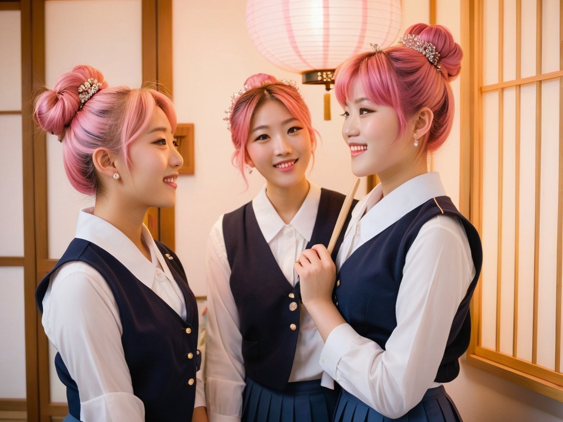 Young women with pink hair in navy blue outfits