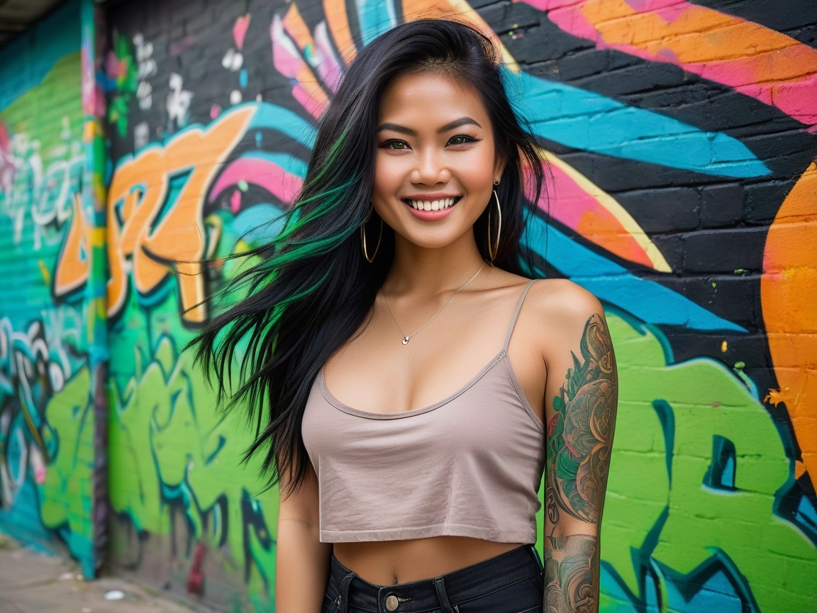 Young woman poses by vibrant graffiti wall