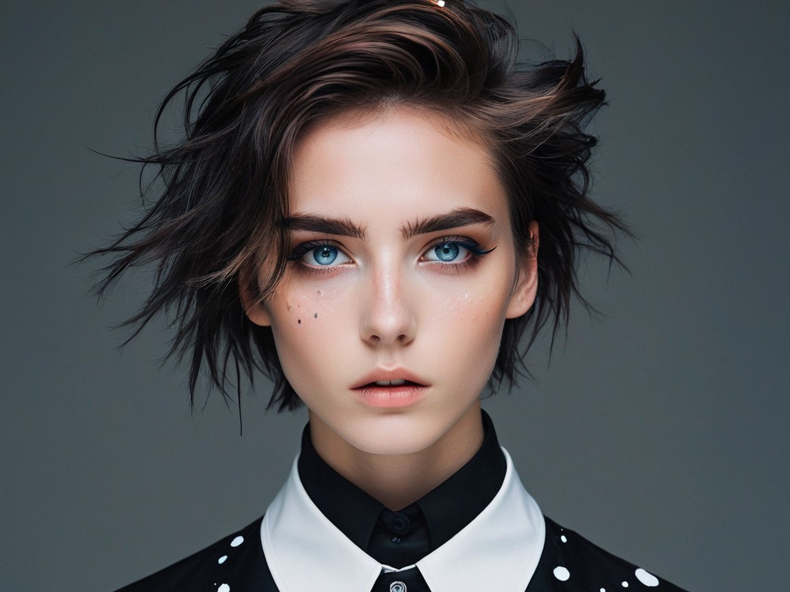 Portrait of a young woman with dark hair and blue eyes
