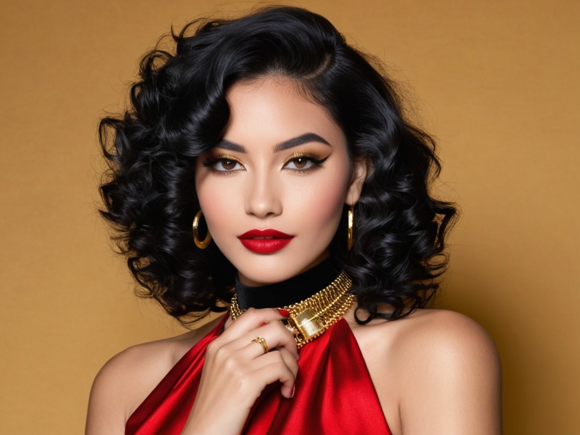 Glamorous Portrait of a Woman in Red Dress and Jewelry