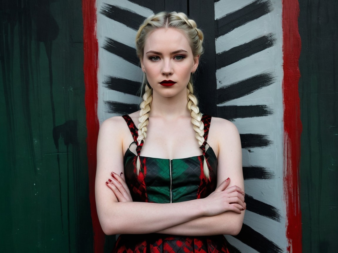 Confident Woman in Patterned Dress Against Abstract Mural