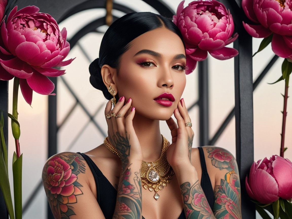 Portrait of a woman with gold jewelry and pink accents