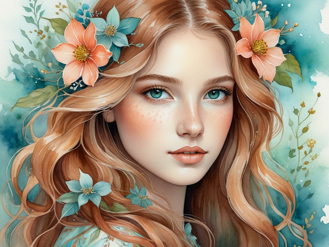 Young woman with wavy hair and colorful flowers